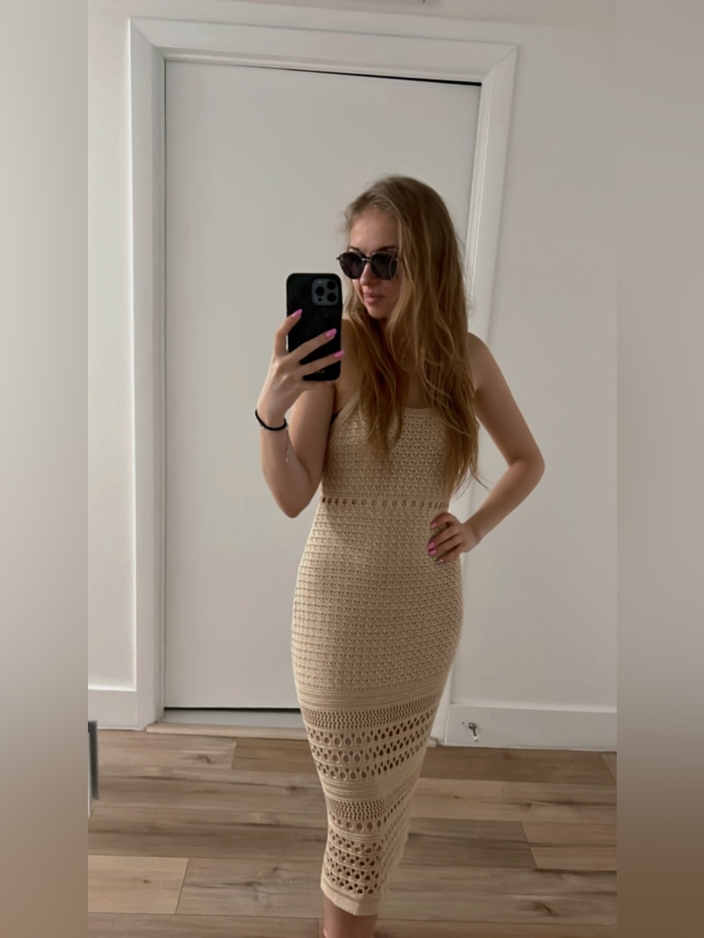 Beige Knit Midi Dress with Crochet Details Beach Wear - Picture 3 of 5